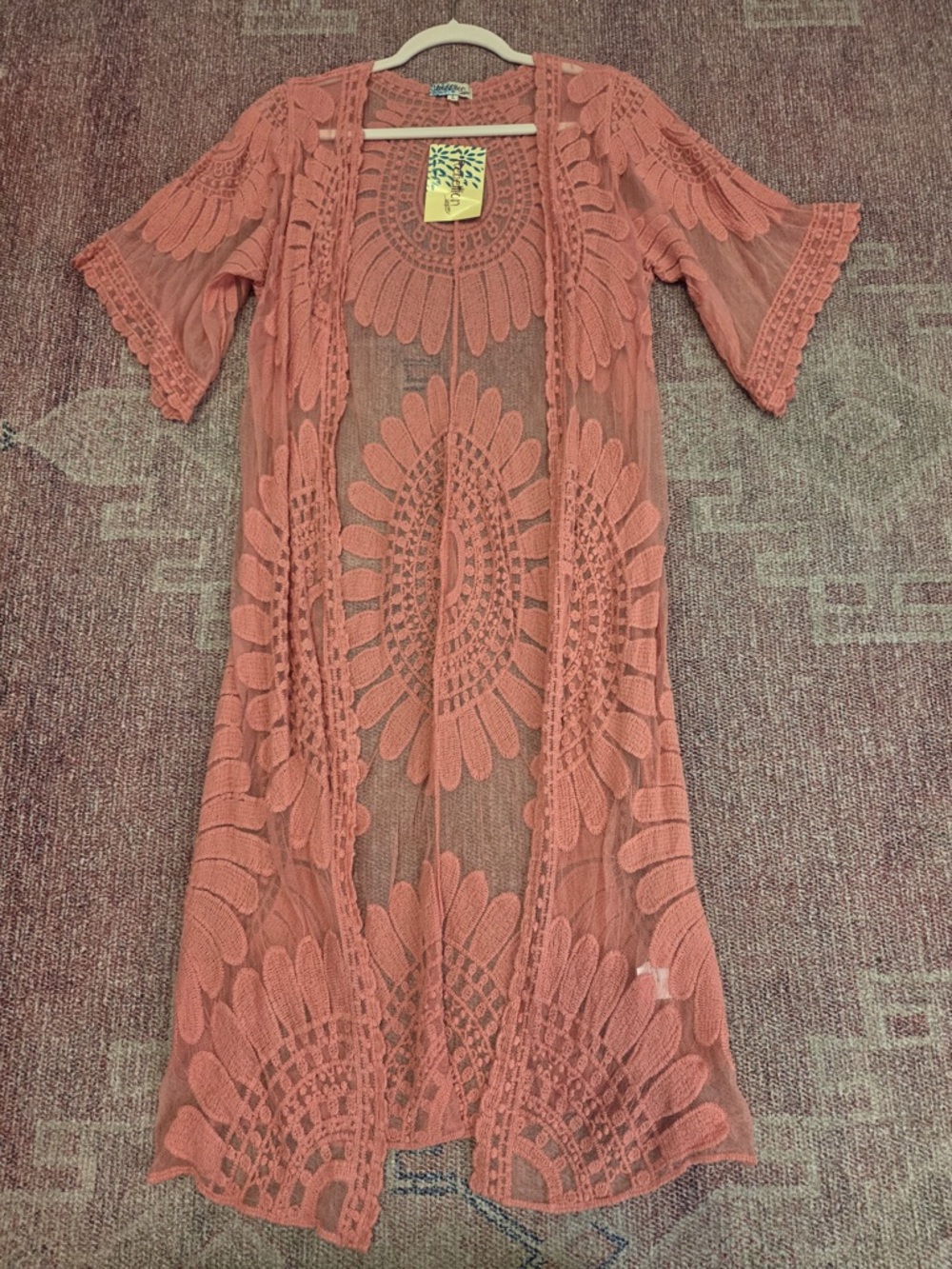 Rebellion again embroidered pink lace open swim suit cover up large Mrs Roper